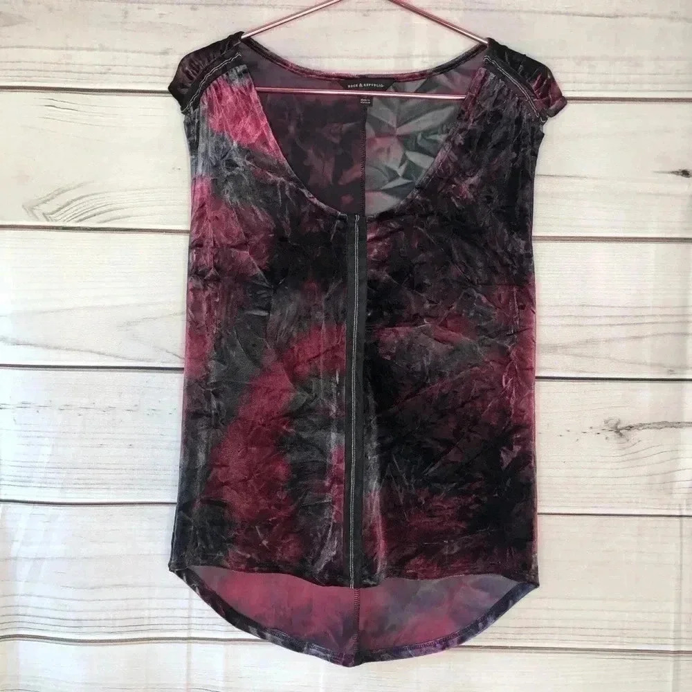 Rock & Republic Womens Crushed Velvet Tie Dye Scoop Neck Top Burgundy Black S